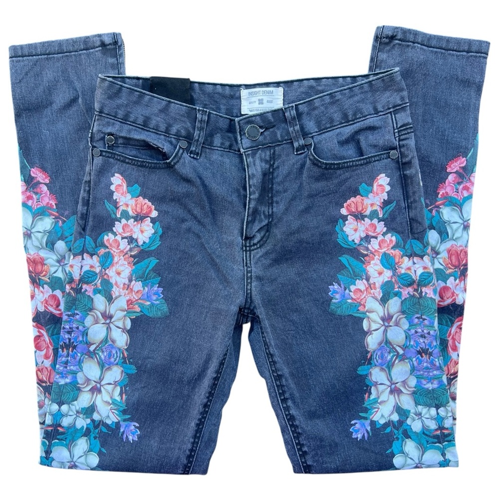 Floral High Rise Black Zipper Ankle Skinny Jeans